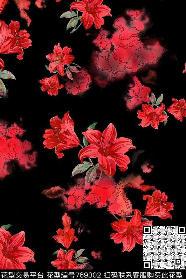 大花花朵花卉数码印花华亿平台下载（图片编号: 769302） - 瓦栏（Walan）