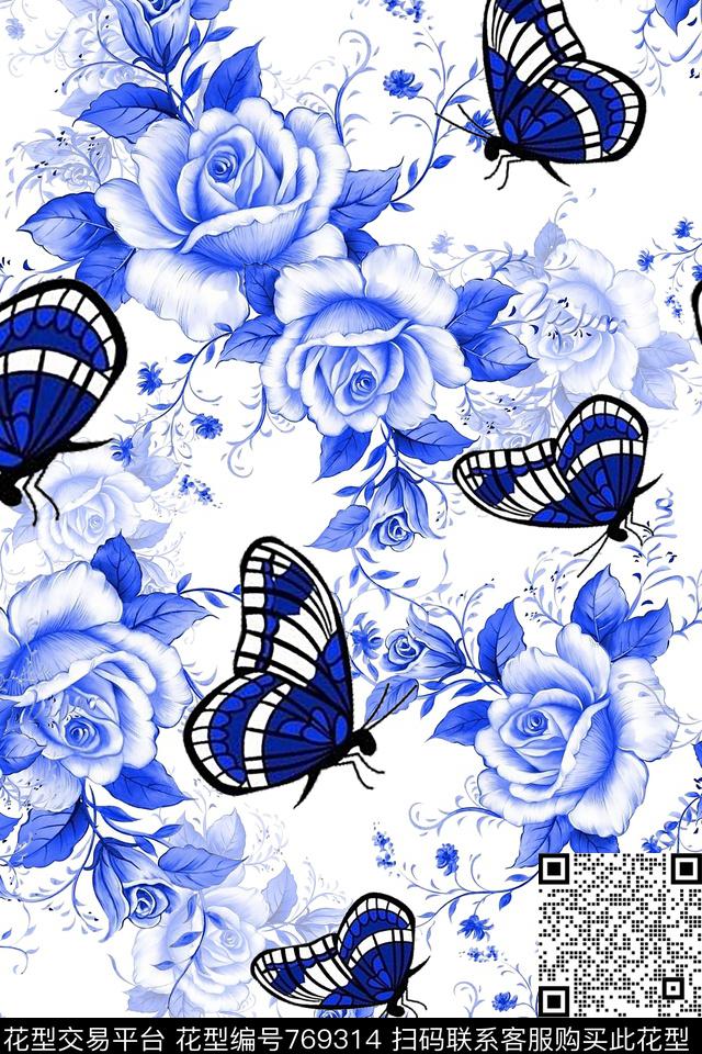 花朵蝴蝶青花瓷数码印花华亿平台下载（图片编号: 769314） - 瓦栏（Walan）