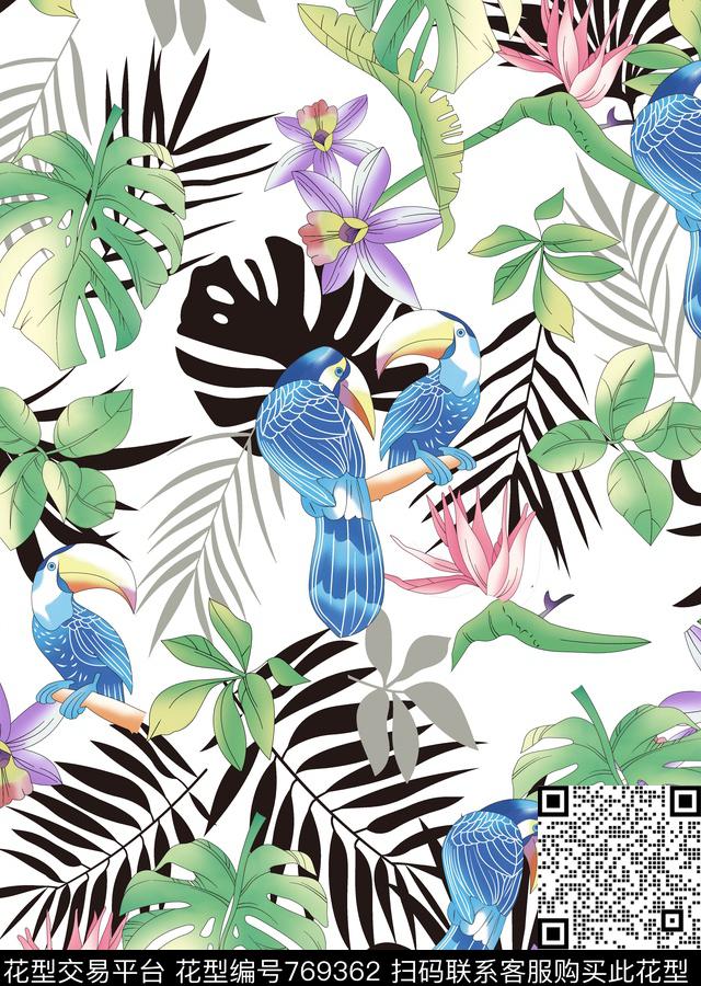 天堂鸟花热带鹦鹉传统印花华亿平台下载（图片编号: 769362） - 瓦栏（Walan）