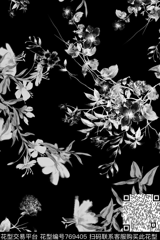 黑白花卉植物数码印花华亿平台下载（图片编号: 769405） - 瓦栏（Walan）