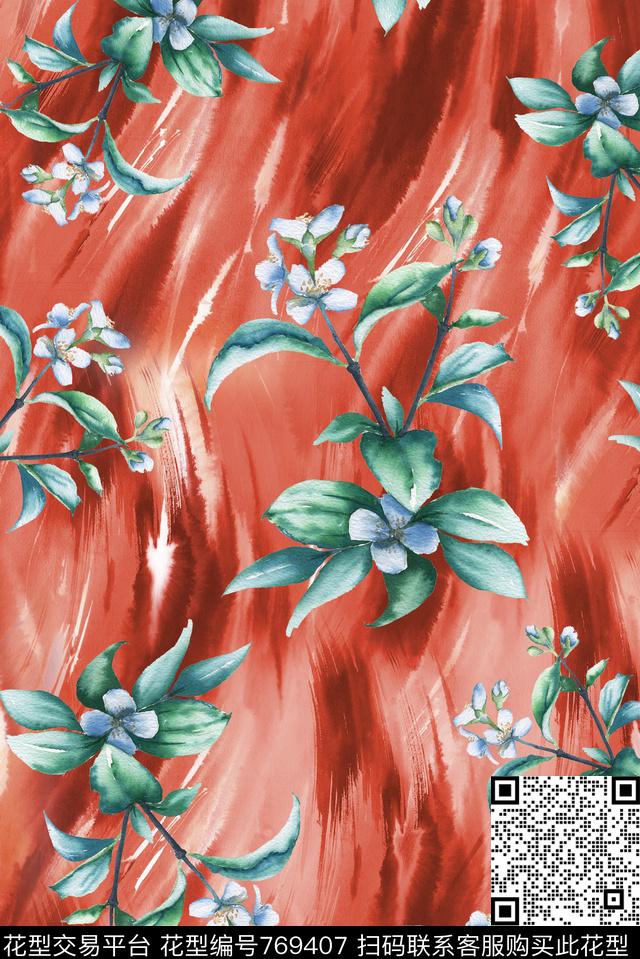手绘花草水墨数码印花华亿平台下载（图片编号: 769407） - 瓦栏（Walan）