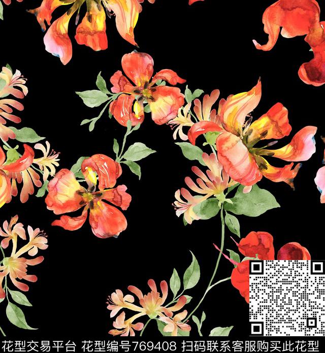 手绘花卉绿叶数码印花华亿平台下载（图片编号: 769408） - 瓦栏（Walan）