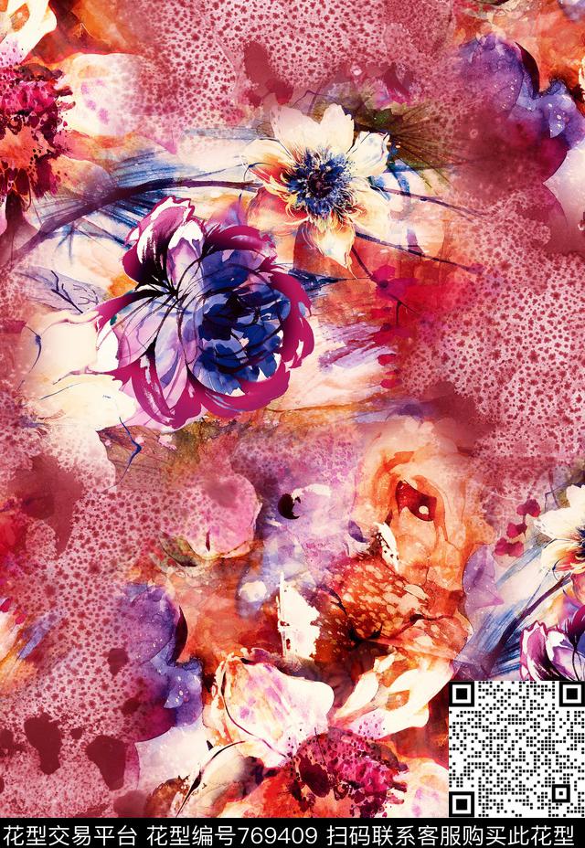 手绘花卉纹理数码印花华亿平台下载（图片编号: 769409） - 瓦栏（Walan）