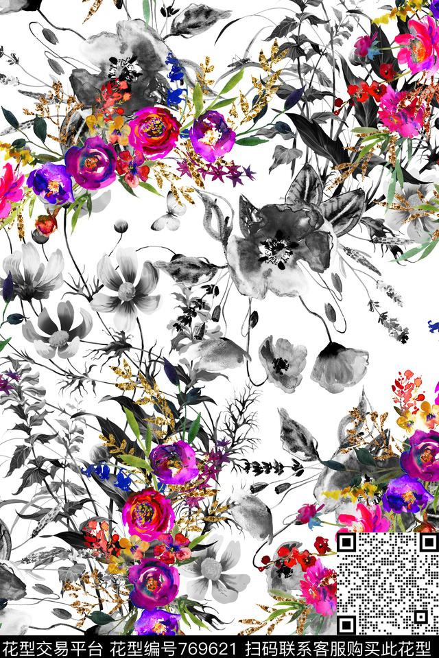 手绘黑白玫瑰数码印花华亿平台下载（图片编号: 769621） - 瓦栏（Walan）