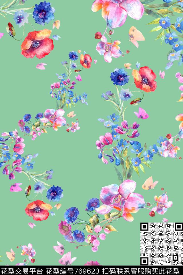 手绘花卉藤条数码印花华亿平台下载（图片编号: 769623） - 瓦栏（Walan）