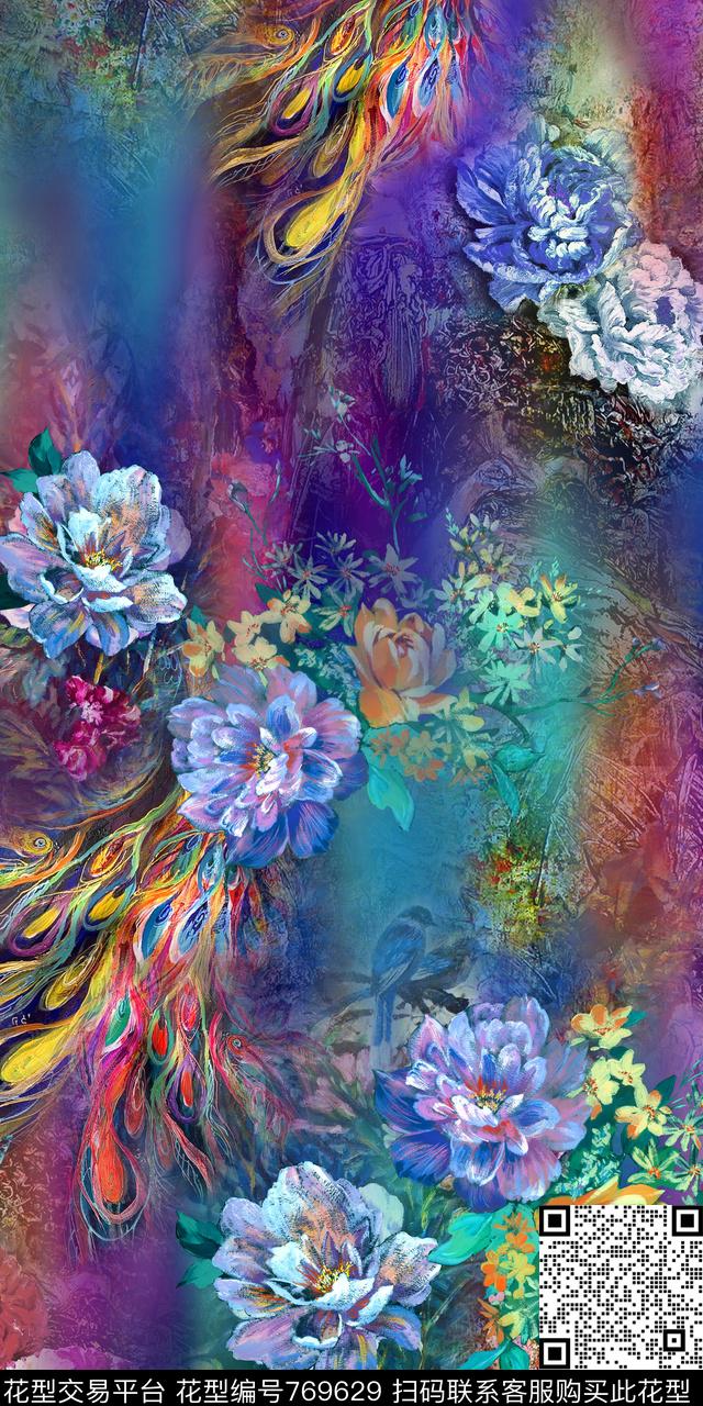 油画花卉羽毛数码印花华亿平台下载（图片编号: 769629） - 瓦栏（Walan）