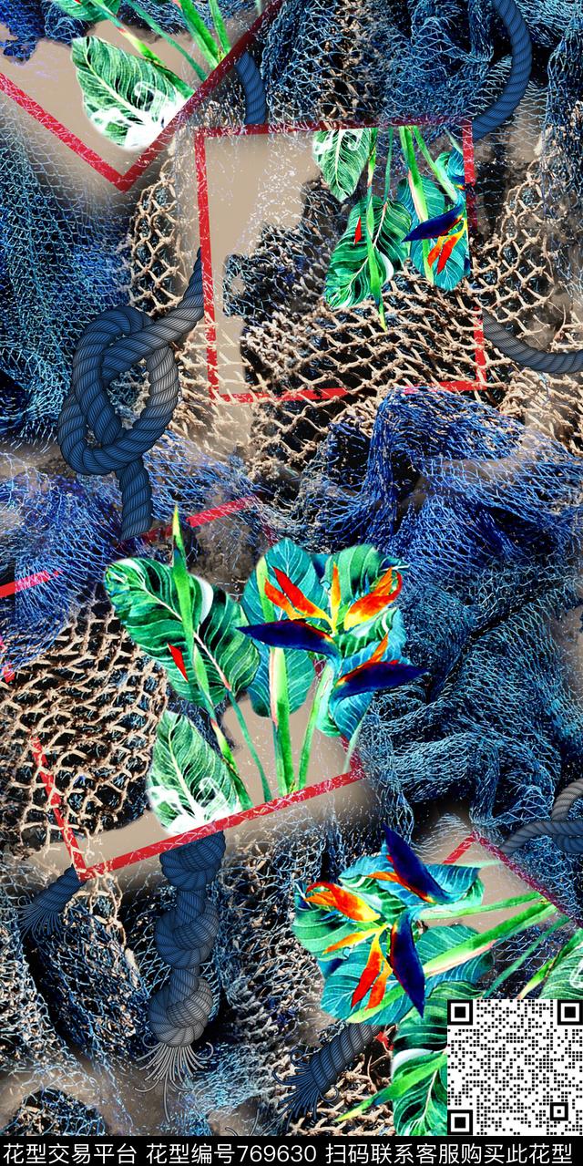 花卉渔网几何数码印花华亿平台下载（图片编号: 769630） - 瓦栏（Walan）