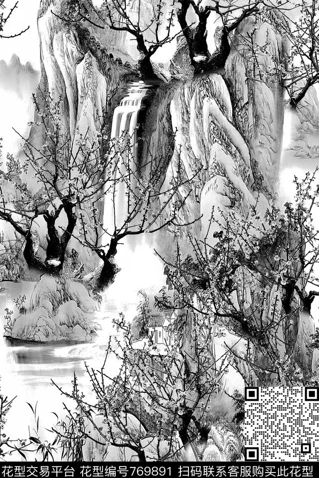 中国风家纺类黑白数码印花华亿平台下载（图片编号: 769891） - 瓦栏（Walan）