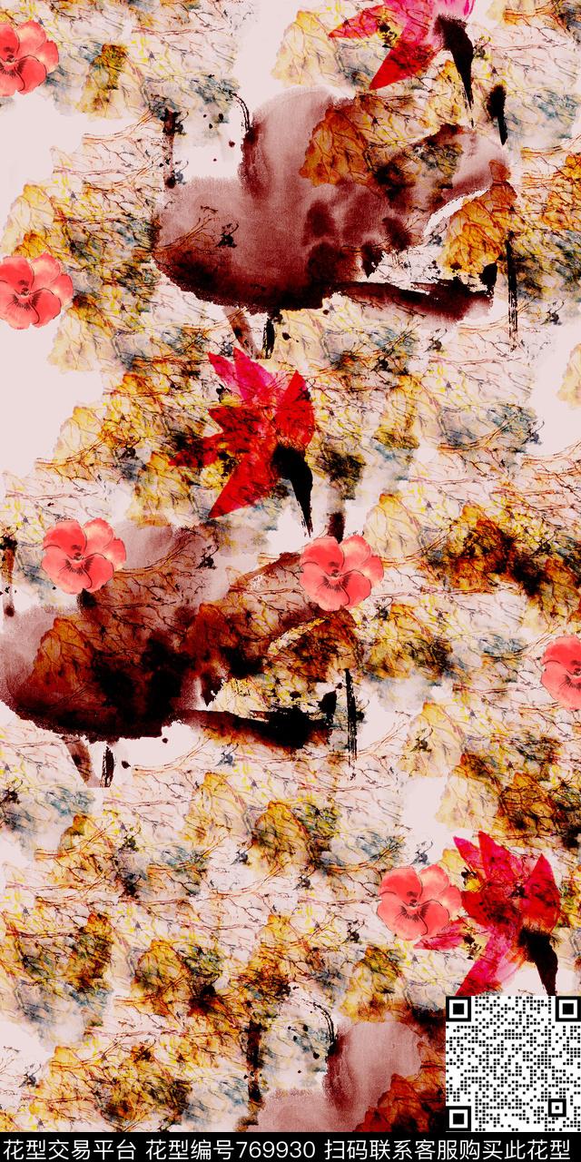 花卉泼墨绚丽数码印花华亿平台下载（图片编号: 769930） - 瓦栏（Walan）