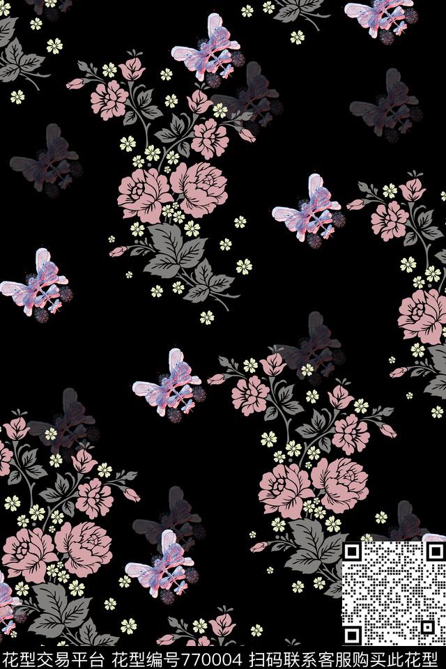 牡丹玫瑰蝴蝶传统印花华亿平台下载（图片编号: 770004） - 瓦栏（Walan）