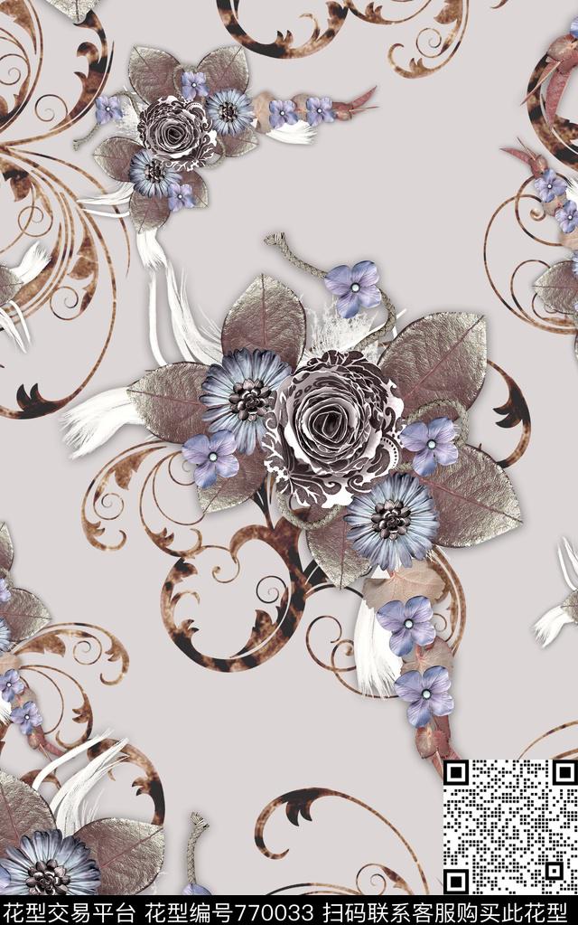 抽象手绘3D植物花卉数码印花时尚潮流女装裙子渐变纹理几何草卷印花欧美复古大牌女装夹克外套花朵印花数码印花华亿平台下载（图片编号: 770033） - 瓦栏（Walan）