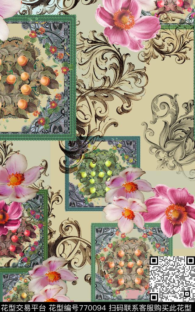 花卉专色底方块数码印花华亿平台下载（图片编号: 770094） - 瓦栏（Walan）