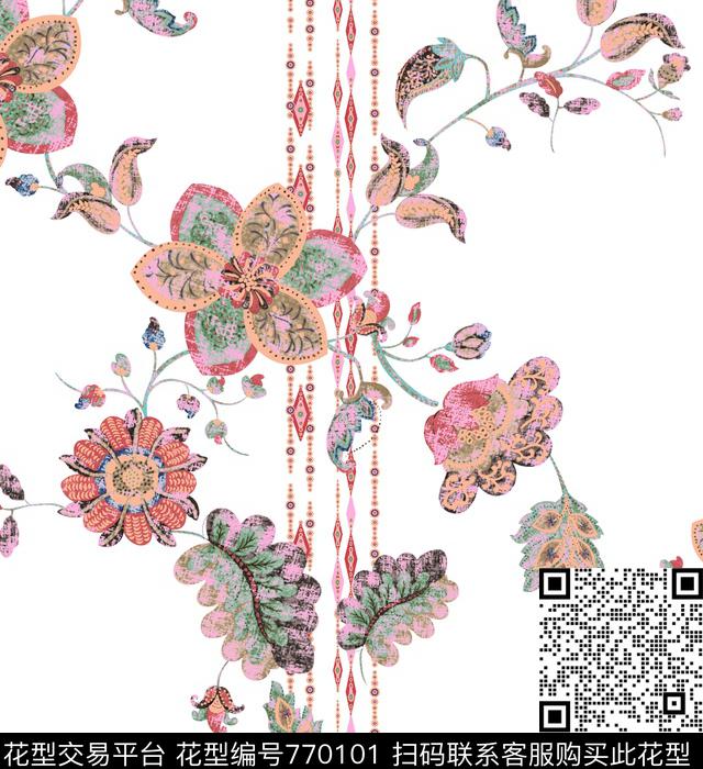 乱花白底花卉竖条带花数码印花华亿平台下载（图片编号: 770101） - 瓦栏（Walan）