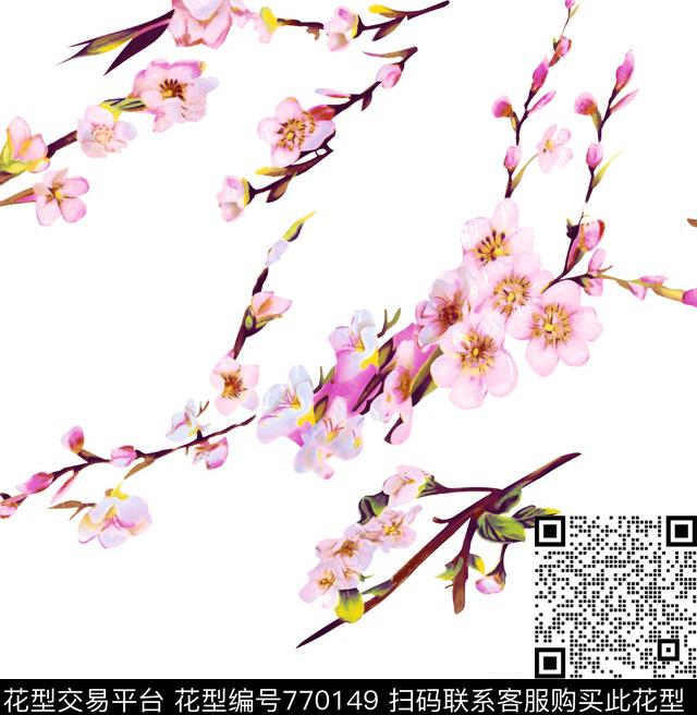 花卉桃花白底数码印花华亿平台下载（图片编号: 770149） - 瓦栏（Walan）