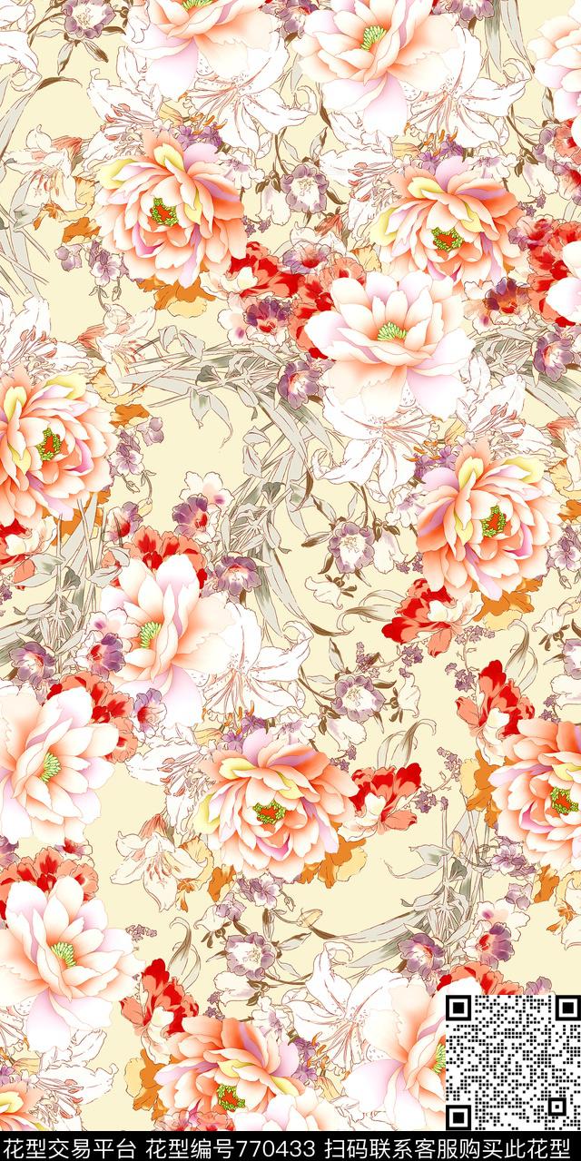 传统印花花卉满版花乱花数码印花华亿平台下载（图片编号: 770433） - 瓦栏（Walan）