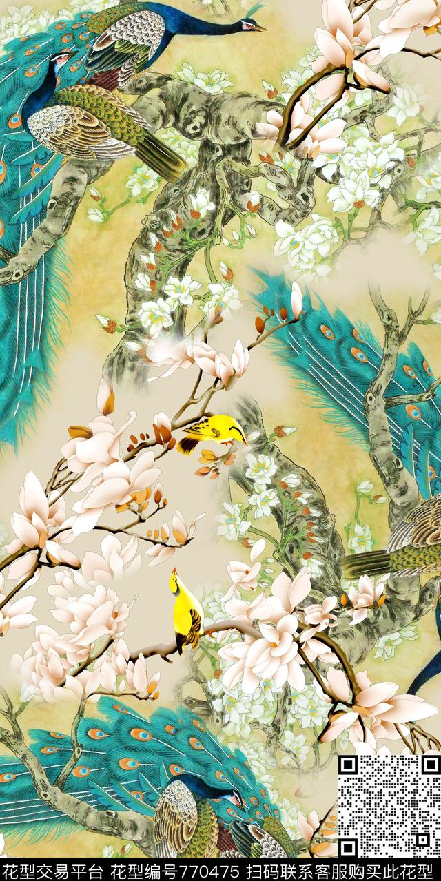 花鸟手绘花卉鸟类数码印花华亿平台下载（图片编号: 770475） - 瓦栏（Walan）
