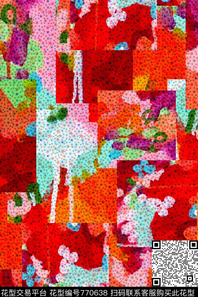 洋阳---抽象抽象拼贴小花数码印花华亿平台下载（图片编号: 770638） - 瓦栏（Walan）