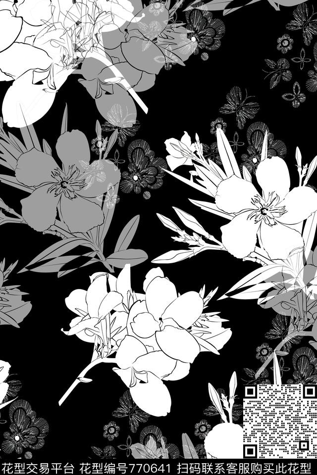 百合黑白花花卉传统印花华亿平台下载（图片编号: 770641） - 瓦栏（Walan）