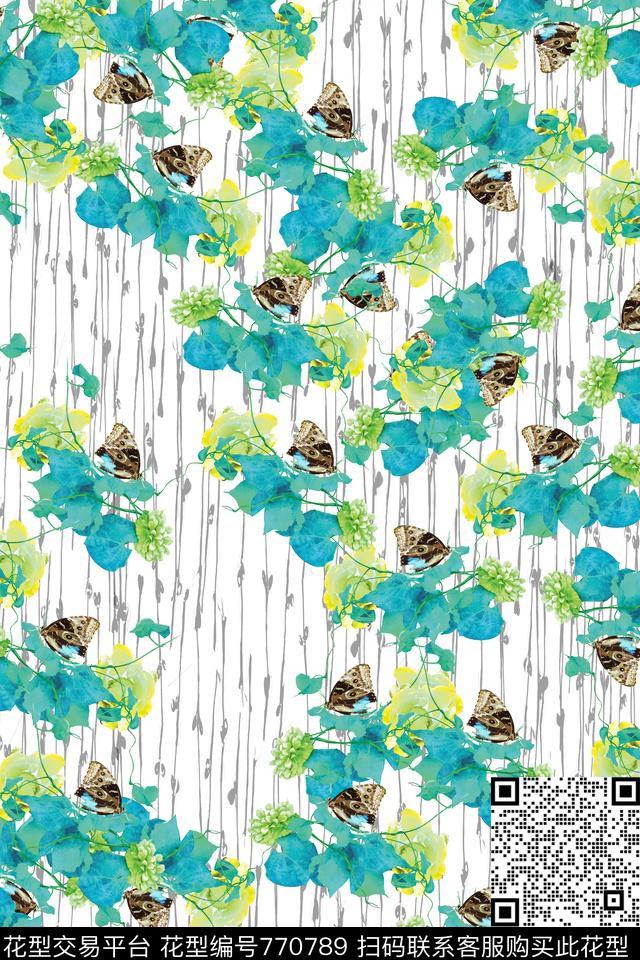 蝴蝶藤曼蓝色数码印花华亿平台下载（图片编号: 770789） - 瓦栏（Walan）