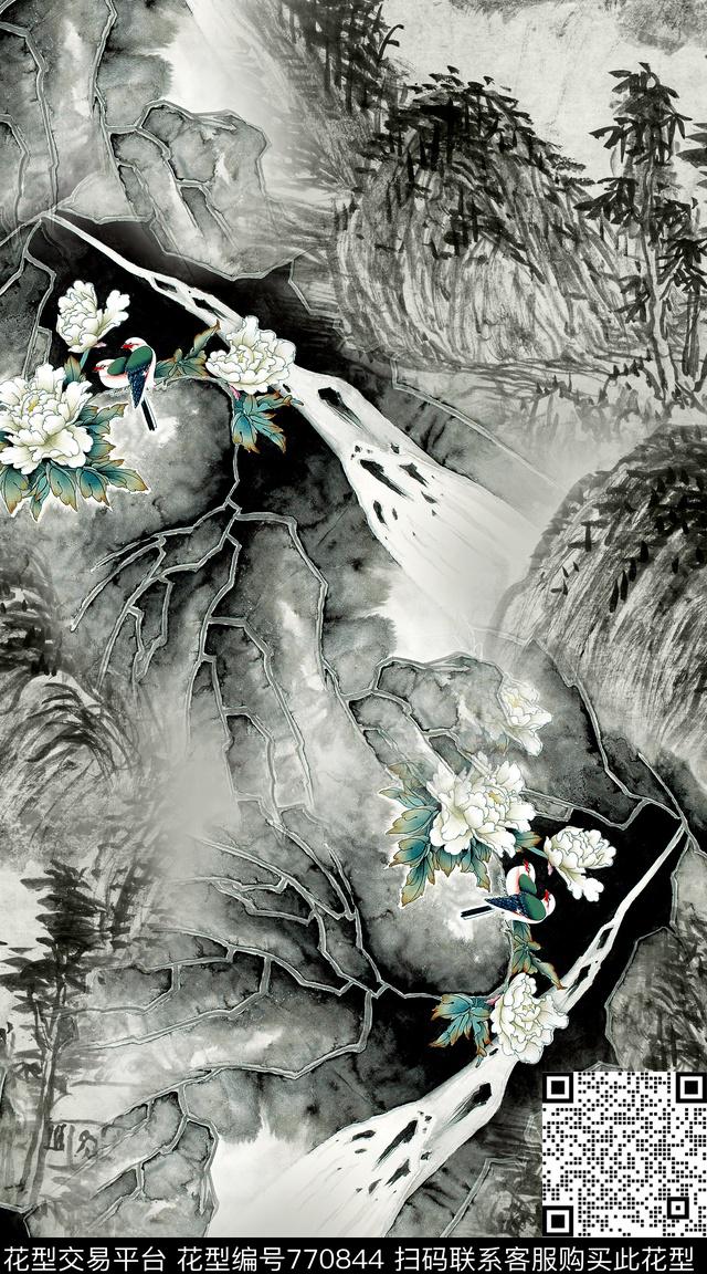 中国风山水花卉数码印花华亿平台下载（图片编号: 770844） - 瓦栏（Walan）