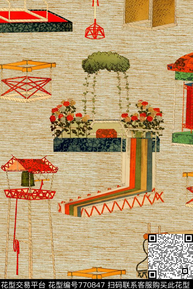 时尚手绘建筑数码印花华亿平台下载（图片编号: 770847） - 瓦栏（Walan）