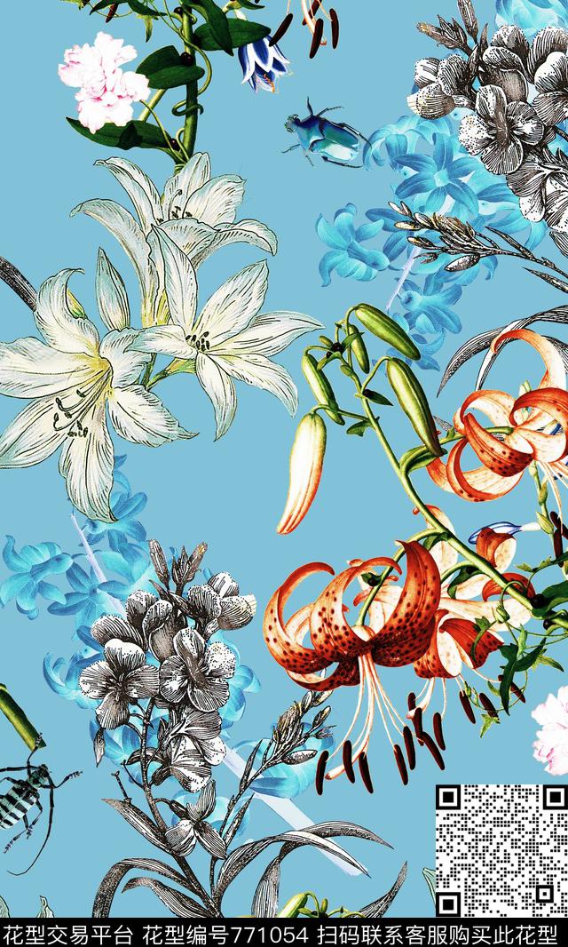 花卉肌理炫彩水彩花卉黑白花卉数码印花华亿平台下载（图片编号: 771054） - 瓦栏（Walan）