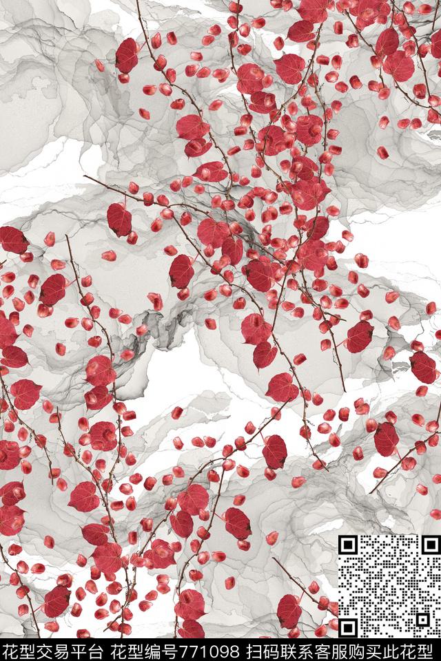 红叶石榴水墨数码印花华亿平台下载（图片编号: 771098） - 瓦栏（Walan）