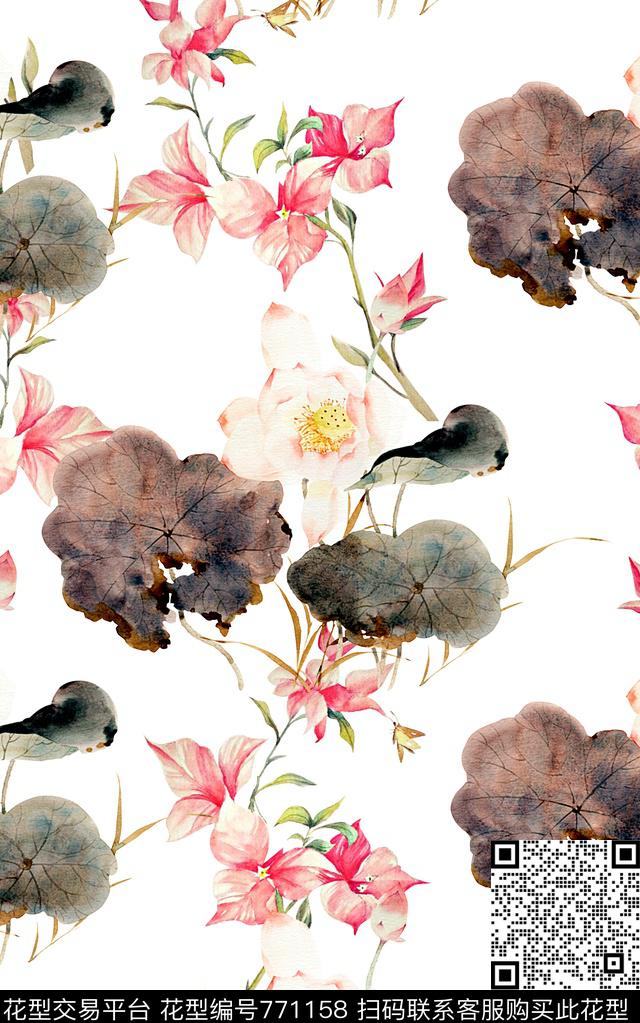抽象手绘水彩画植物荷花花卉民族风数码印花时尚潮流女装裙子旗袍中国风印花春夏清爽纹理印花数码印花华亿平台下载（图片编号: 771158） - 瓦栏（Walan）