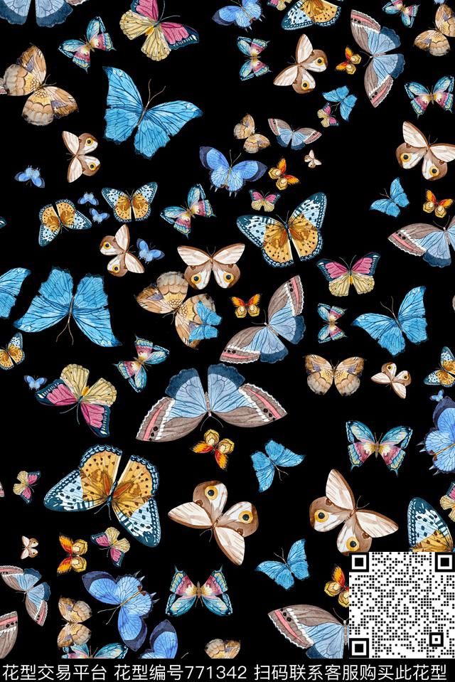 清爽黑底蝴蝶数码印花华亿平台下载（图片编号: 771342） - 瓦栏（Walan）