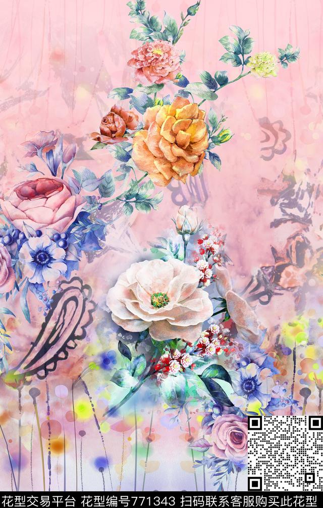 手绘花卉抽象数码印花华亿平台下载（图片编号: 771343） - 瓦栏（Walan）