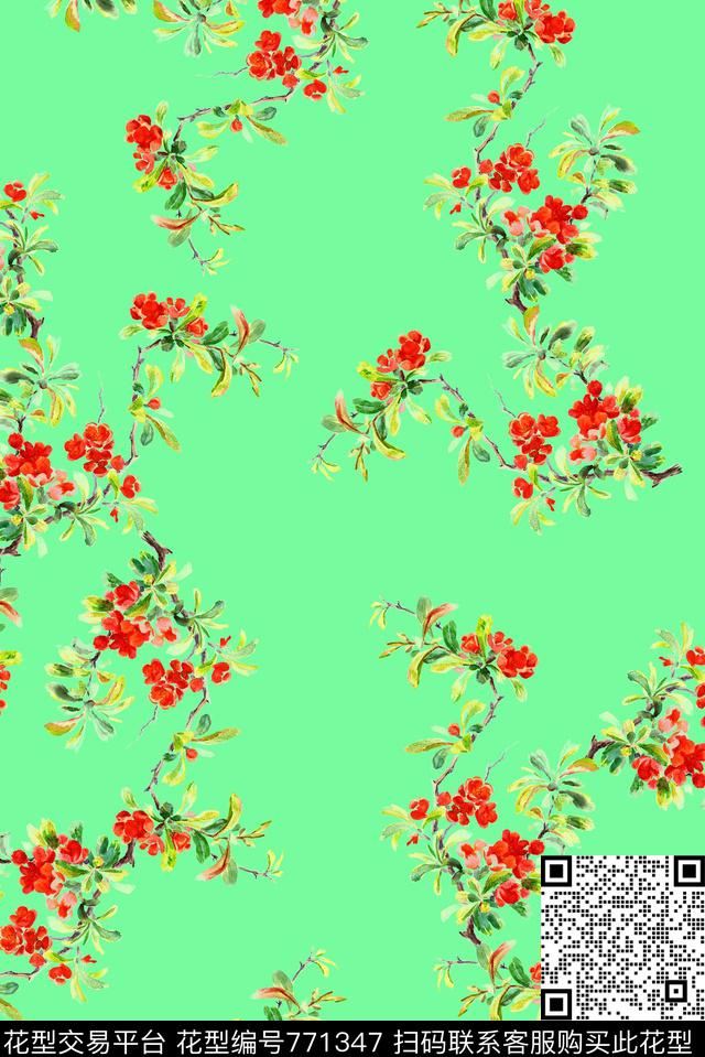 手绘枝条浆果数码印花华亿平台下载（图片编号: 771347） - 瓦栏（Walan）