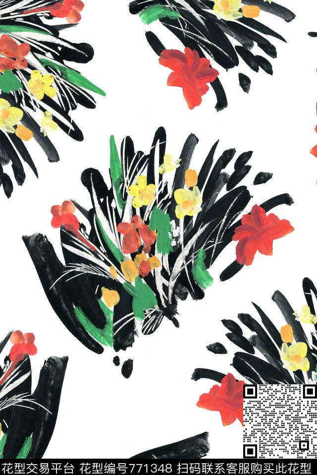 水墨笔触油画数码印花华亿平台下载（图片编号: 771348） - 瓦栏（Walan）