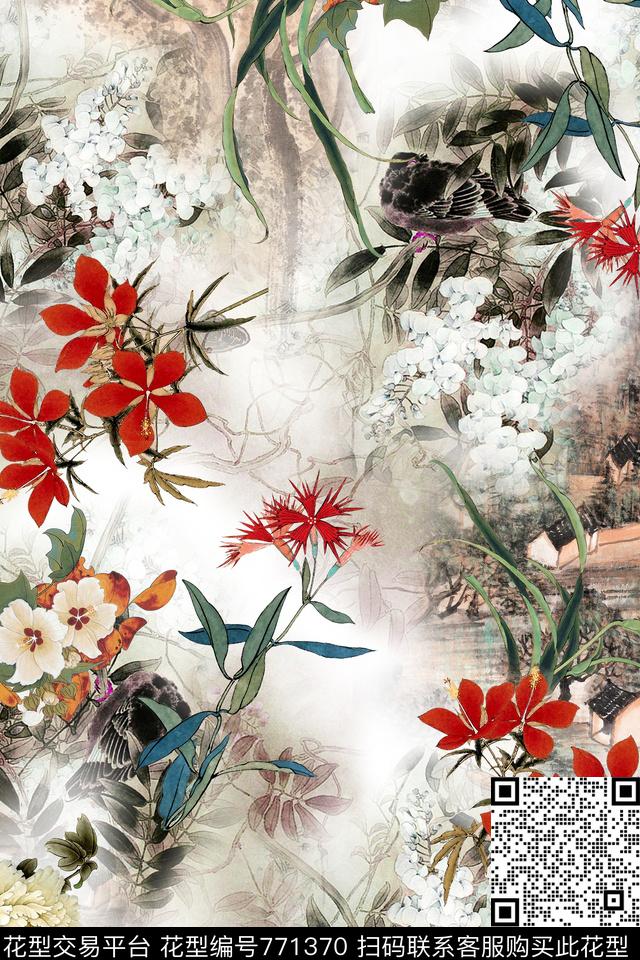 植物中国风工笔画数码印花华亿平台下载（图片编号: 771370） - 瓦栏（Walan）