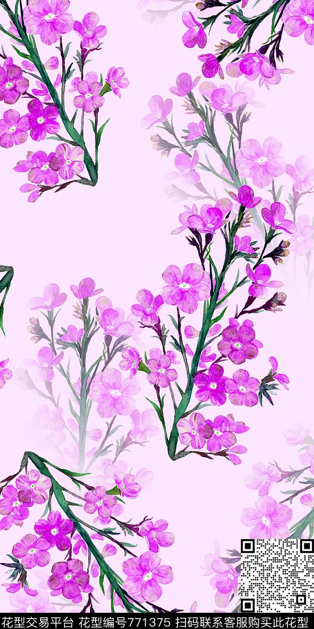 手绘牛舌草手绘花花卉数码印花华亿平台下载（图片编号: 771375） - 瓦栏（Walan）