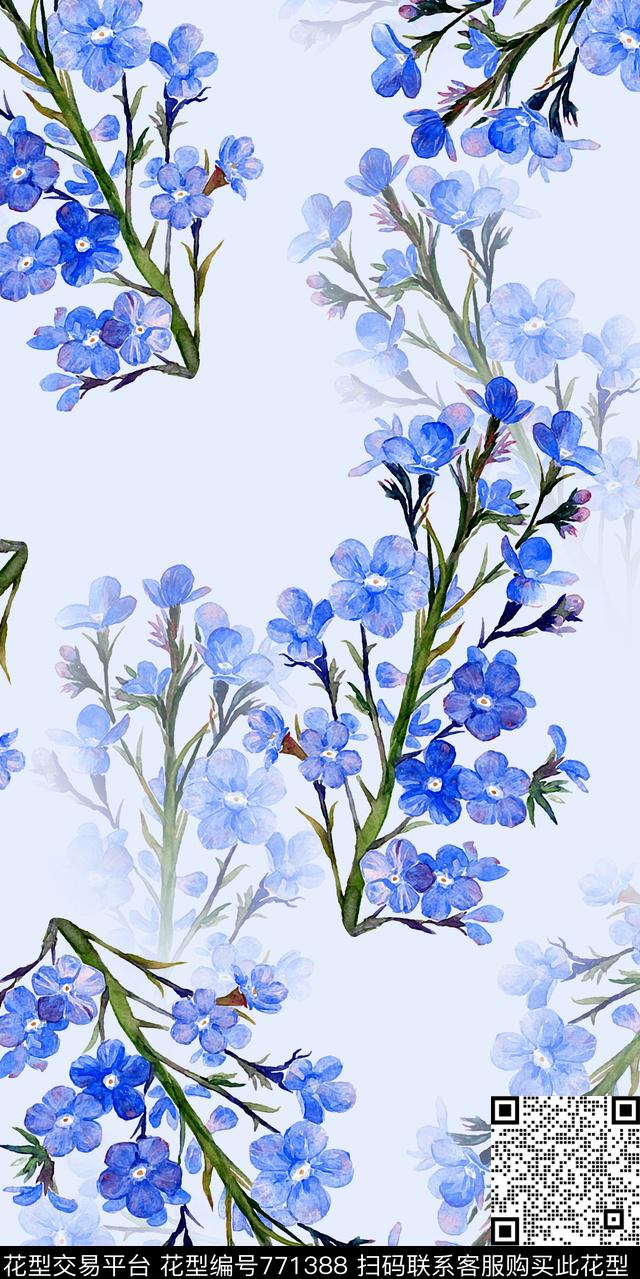 手绘牛舌草手绘花花卉数码印花华亿平台下载（图片编号: 771388） - 瓦栏（Walan）