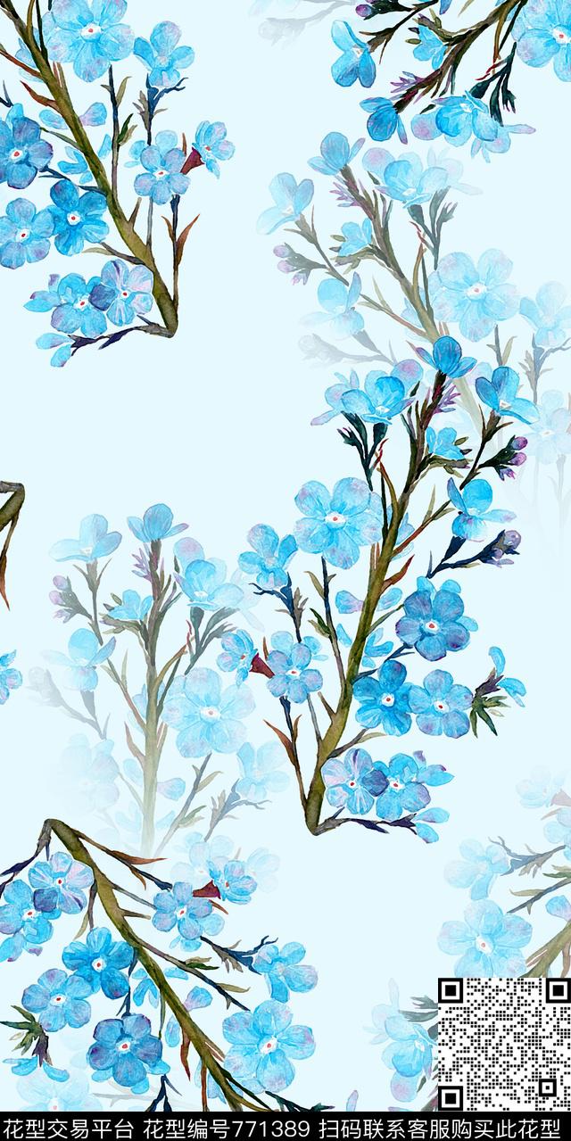 手绘牛舌草手绘花花卉数码印花华亿平台下载（图片编号: 771389） - 瓦栏（Walan）