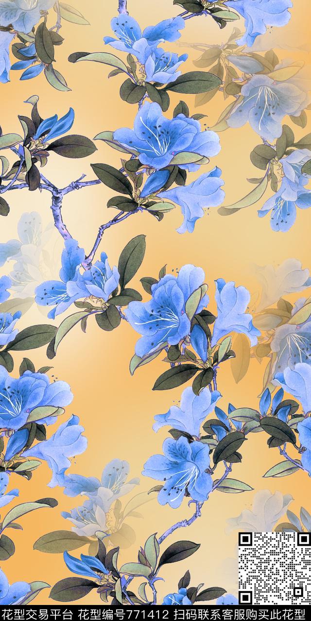 青花瓷花卉手绘花数码印花华亿平台下载（图片编号: 771412） - 瓦栏（Walan）