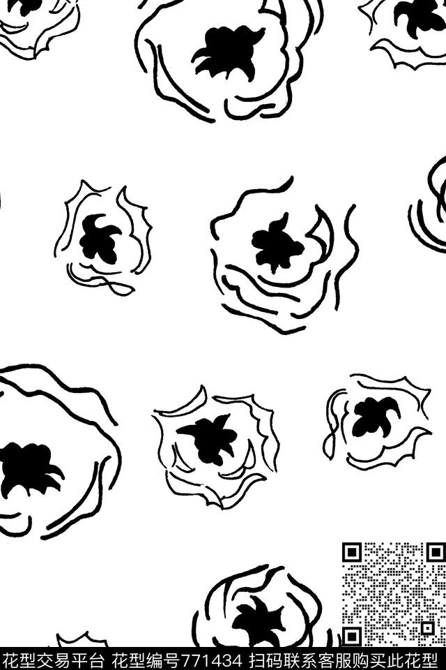 黑白花黑底数码印花华亿平台下载（图片编号: 771434） - 瓦栏（Walan）