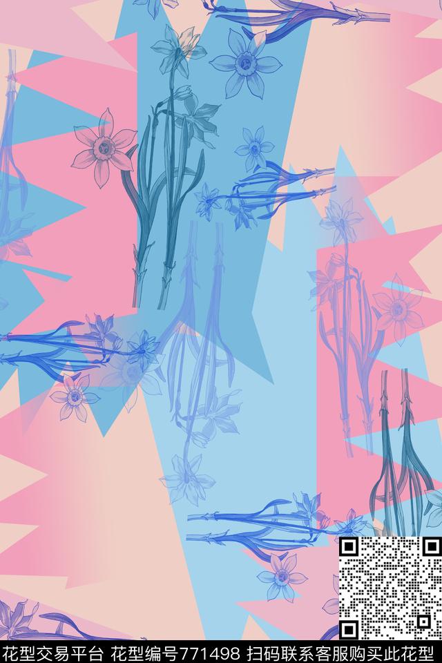 渐变色彩不规则几何拼接风格化花卉传统印花华亿平台下载（图片编号: 771498） - 瓦栏（Walan）