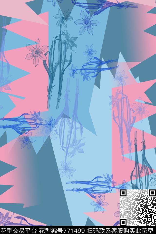 渐变色彩不规则几何拼接风格化花卉传统印花华亿平台下载（图片编号: 771499） - 瓦栏（Walan）