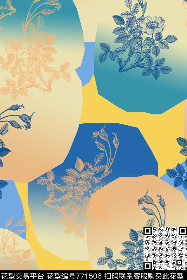 风格化花卉几何图案不规则几何拼接数码印花华亿平台下载（图片编号: 771506） - 瓦栏（Walan）