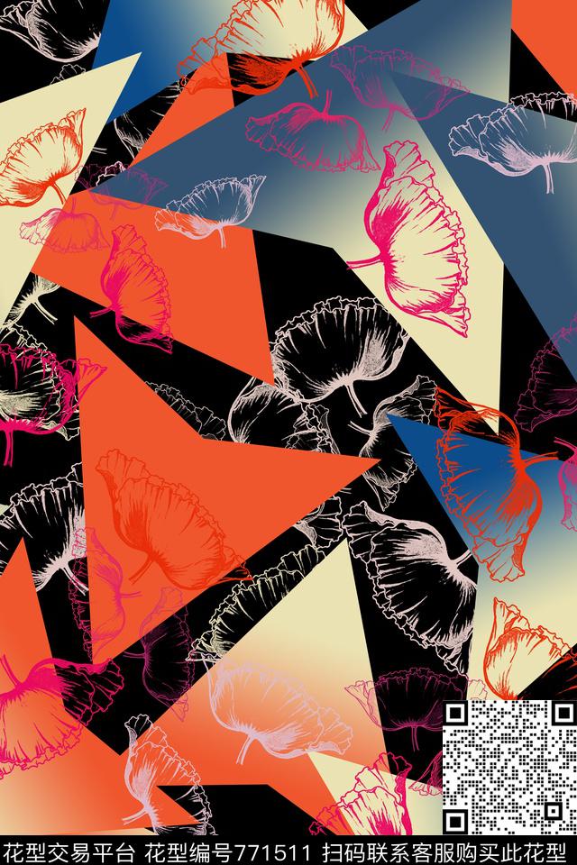 流行色组合风格化花卉几何图案传统印花华亿平台下载（图片编号: 771511） - 瓦栏（Walan）