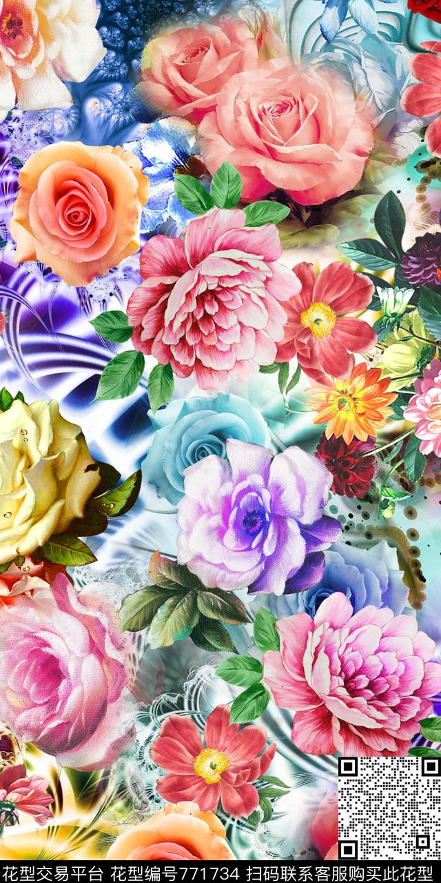 抽象花卉清爽数码印花华亿平台下载（图片编号: 771734） - 瓦栏（Walan）