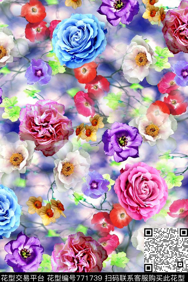 抽象花卉清爽数码印花华亿平台下载（图片编号: 771739） - 瓦栏（Walan）