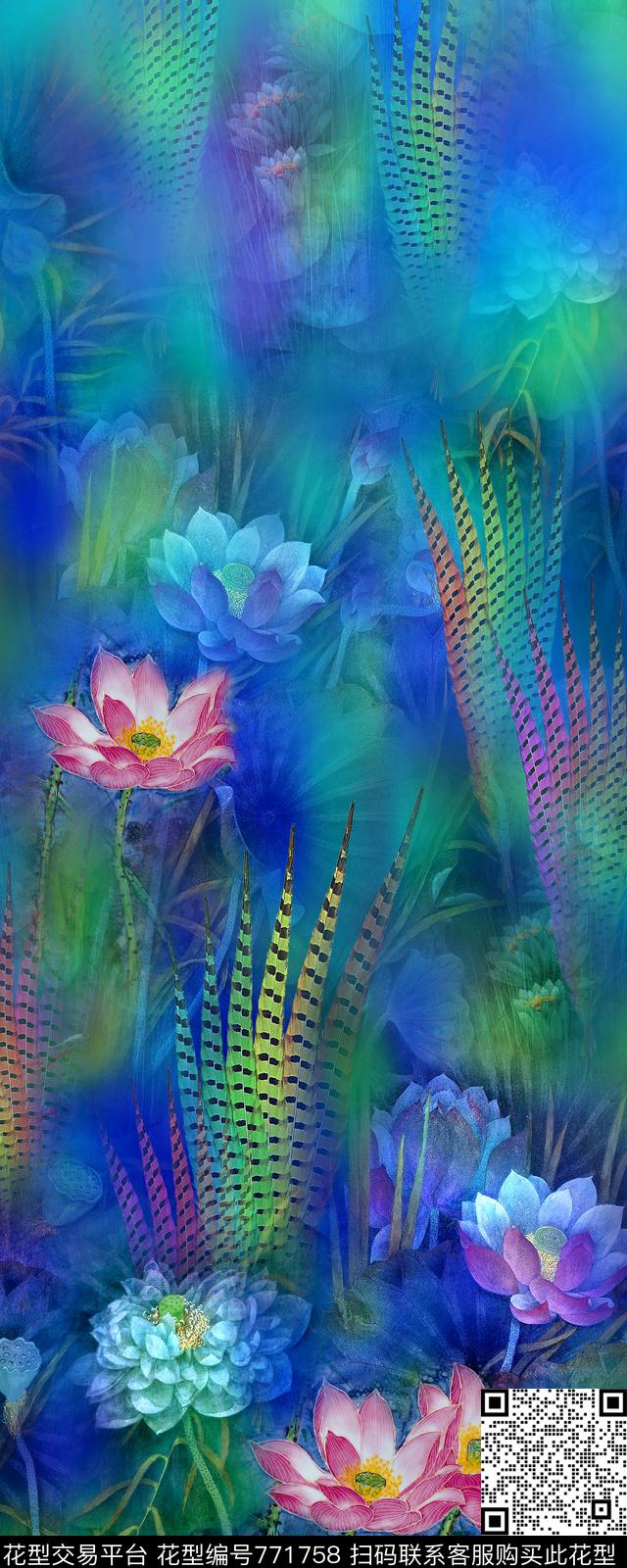 中国风荷花池羽毛数码印花华亿平台下载（图片编号: 771758） - 瓦栏（Walan）