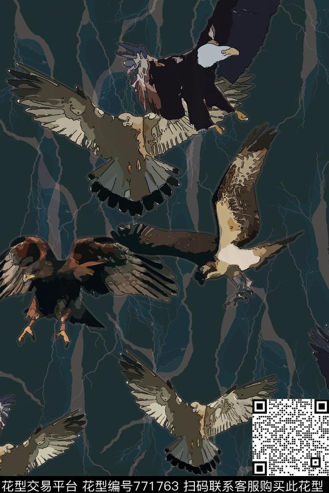 雄鹰闪电蓝灰传统印花华亿平台下载（图片编号: 771763） - 瓦栏（Walan）