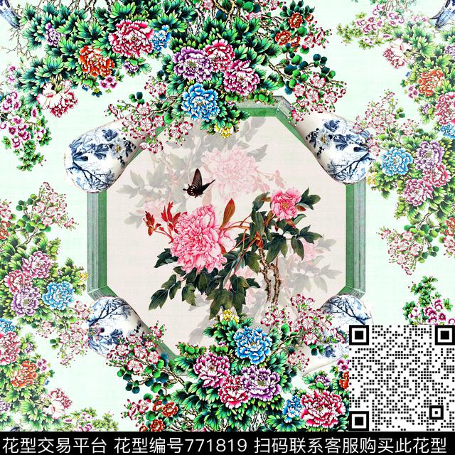 牡丹中国风小方巾数码印花华亿平台下载（图片编号: 771819） - 瓦栏（Walan）