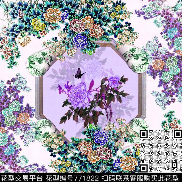 牡丹中国风小方巾数码印花华亿平台下载（图片编号: 771822） - 瓦栏（Walan）