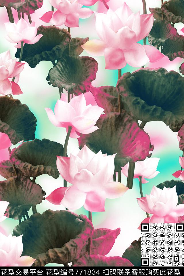 荷花花卉春秋华亿平台数码印花华亿平台下载（图片编号: 771834） - 瓦栏（Walan）