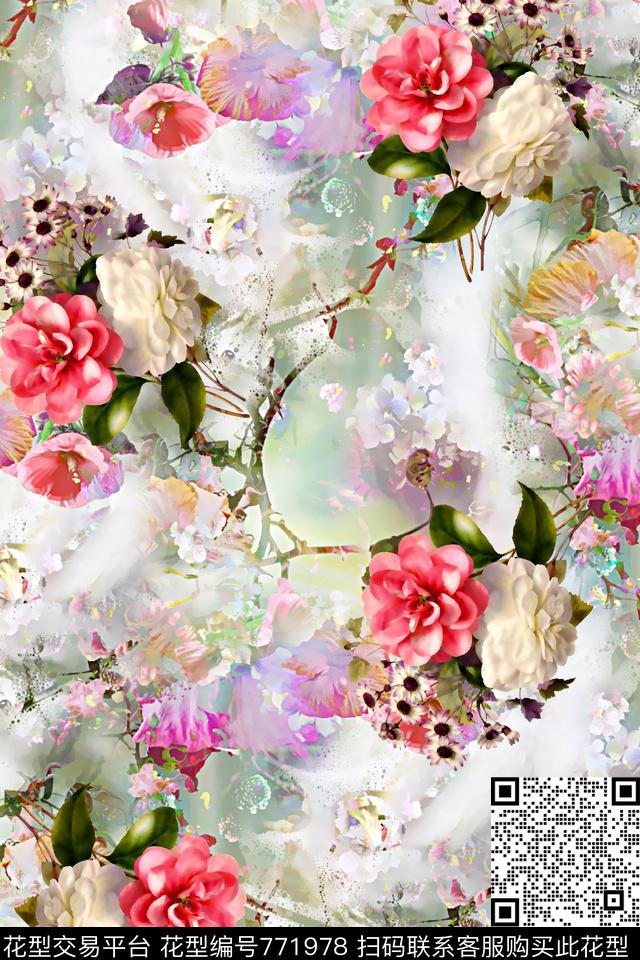 水彩花卉水彩纹理女装华亿平台数码印花华亿平台下载（图片编号: 771978） - 瓦栏（Walan）